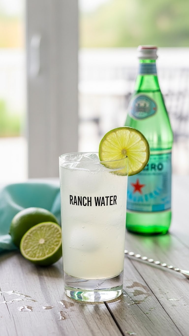 Crisp Ranch Water cocktail in tall slender glass with lime wedge garnish and sparkling appearance on rustic wood