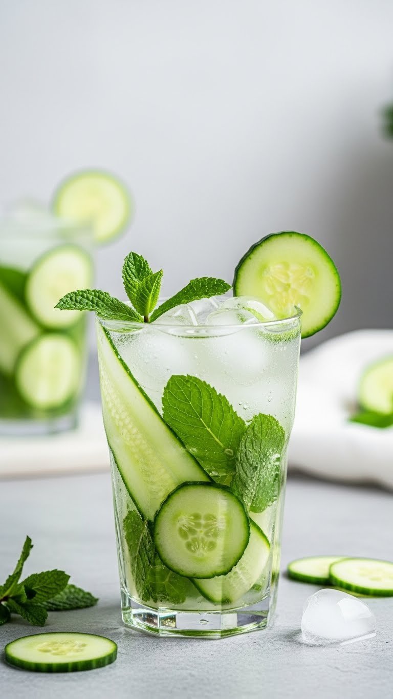 Crisp cucumber mint cooler in tall glass with translucent cucumber slices and vibrant green mint leaves over ice