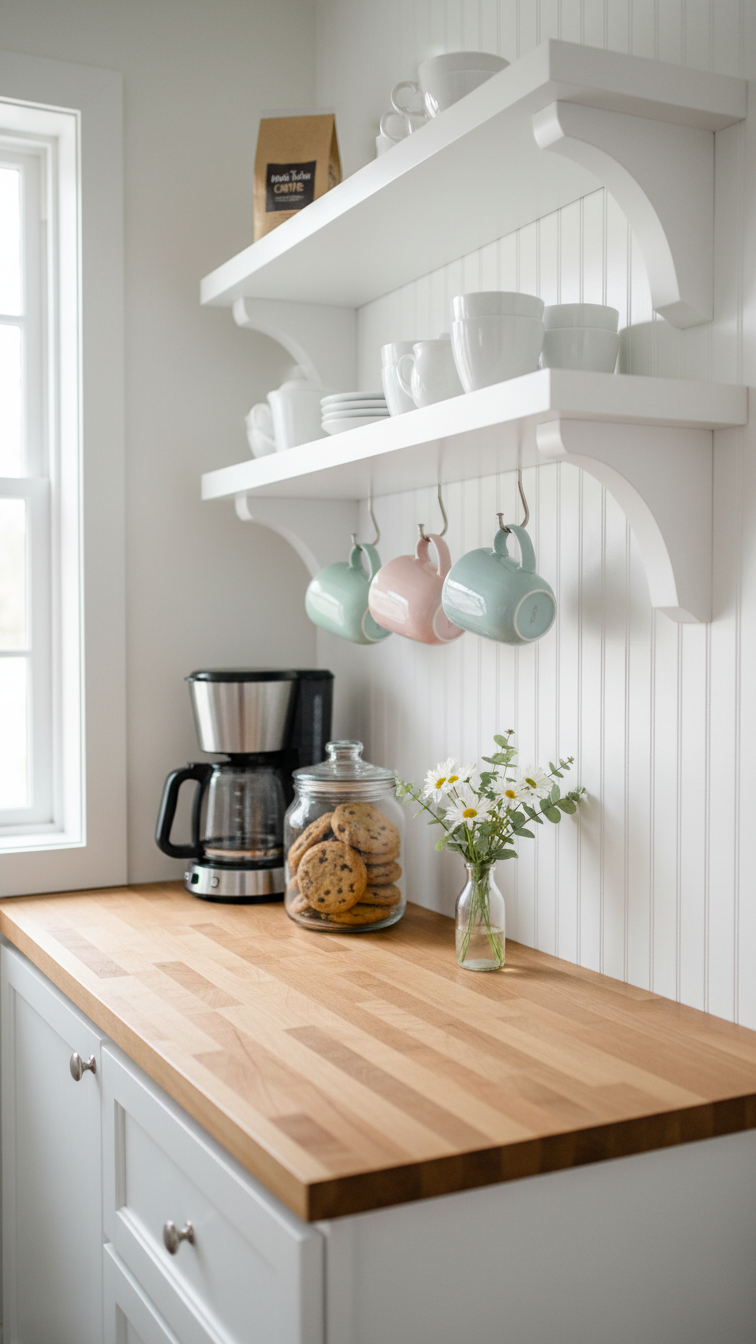 Crisp white beadboard backsplash paneling in farmhouse style coffee nook with butcher block countertop