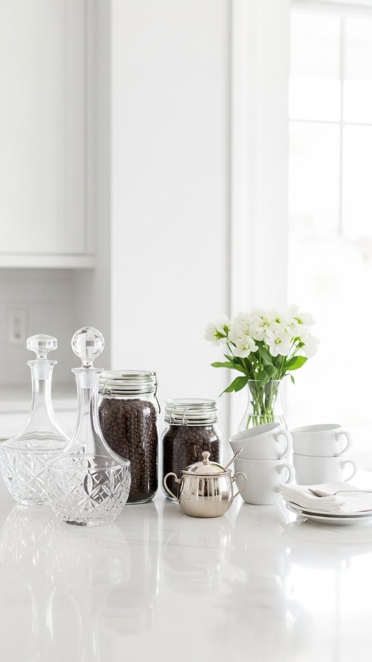 Crystal and white elegant coffee station with sparkling decanters, glass jars, and white ceramic mugs on bright background
