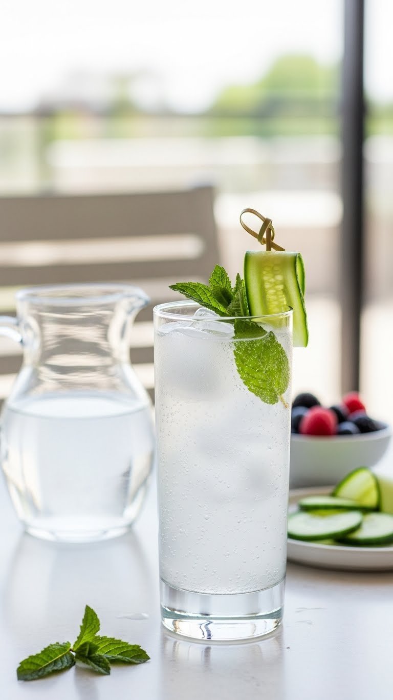 Crystal-clear Vodka Soda cocktail in slender highball glass with cucumber ribbon and mint leaves garnish