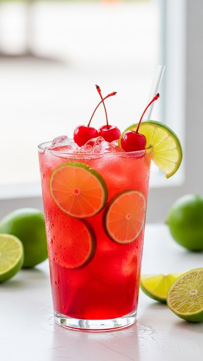 Crystal-clear diet cherry limeade Sonic drink with ice, maraschino cherries, and fresh lime wedge garnish