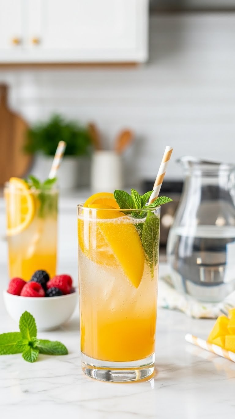 Crystal-clear non-alcoholic mango spritzer with mint leaves and citrus slices in tall glass on white marble counter