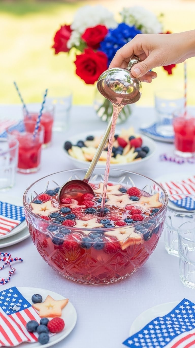 Crystal punch bowl with pink sparkling punch floating raspberries blueberries and star-shaped apple slices