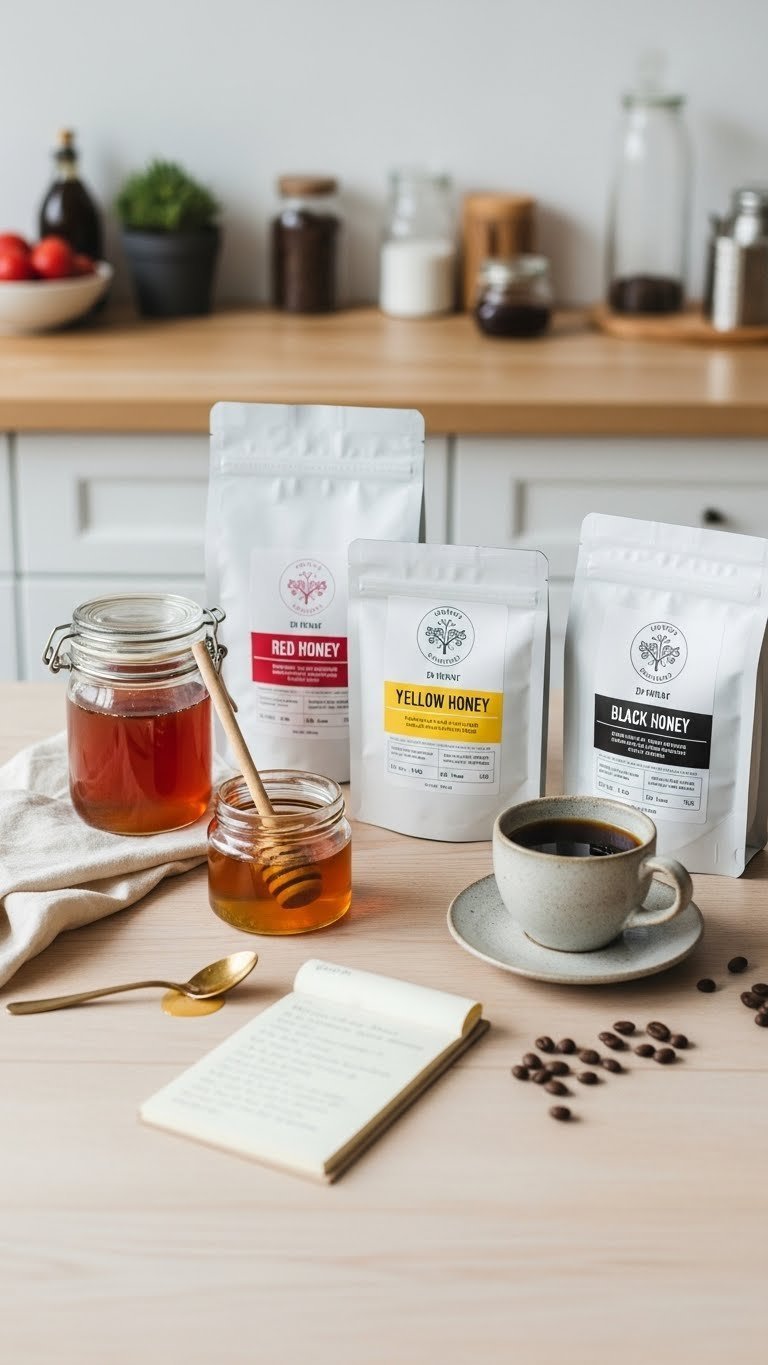 Curated collection of honey processed coffee bags with tasting notes and ceramic cup