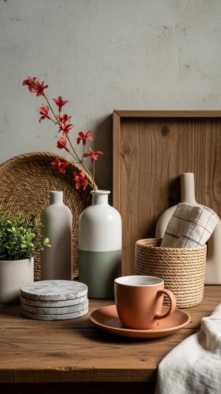 Curated rustic coffee bar decor collection with woven baskets, ceramic vases, and natural textures