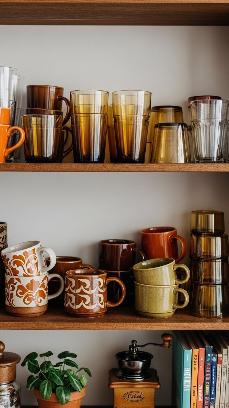 Curated vintage 70s mug collection displayed on rustic wooden shelf with earthy ceramic pottery.