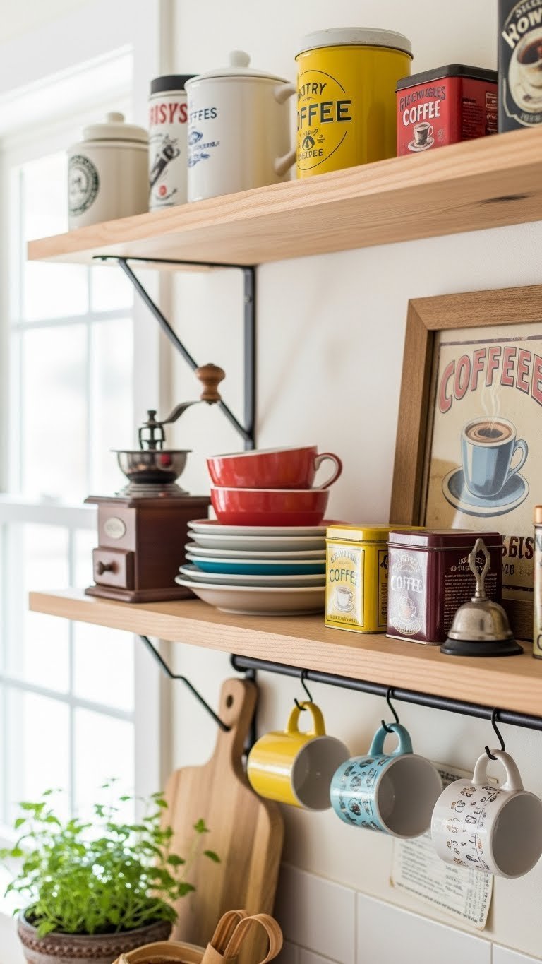 Curated vintage coffee shelf display with antique grinder and colorful retro teacups on wooden shelves