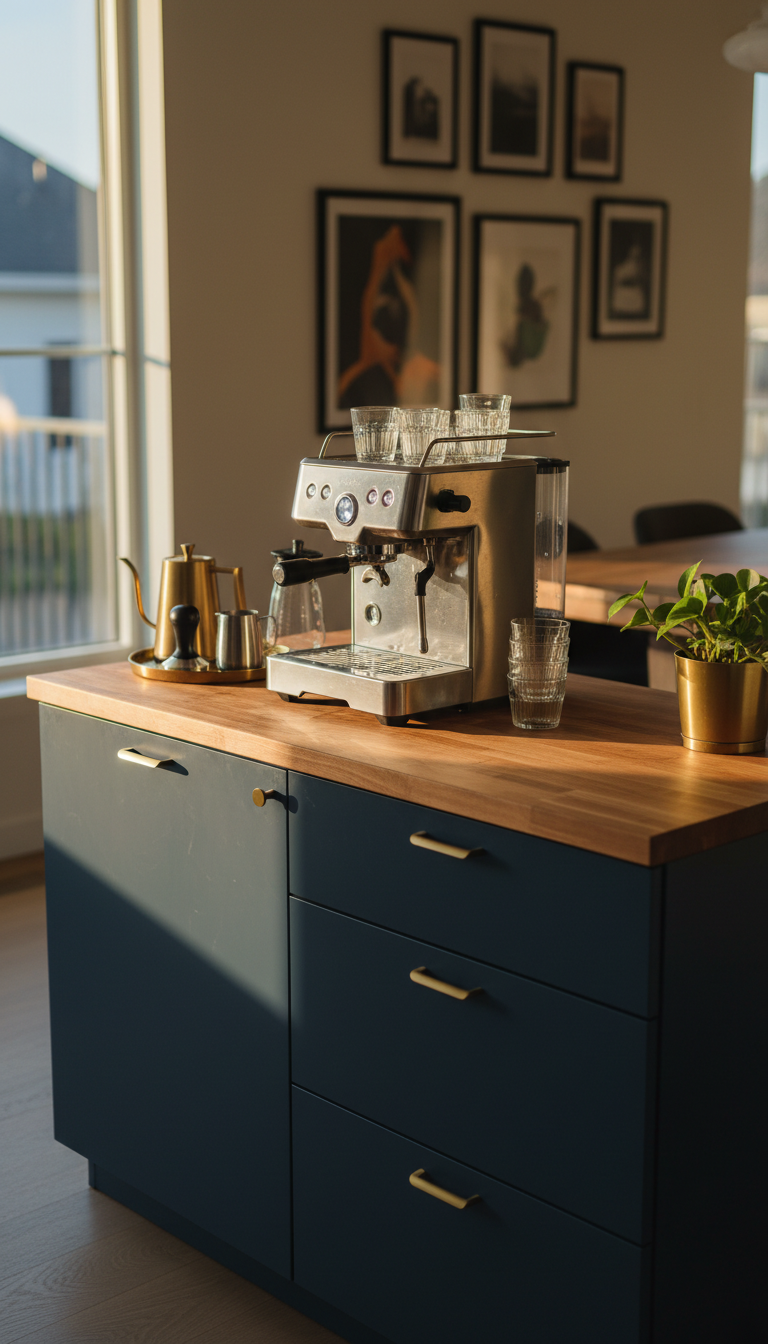 Custom IKEA BESTA cabinet coffee bar with dark blue finish and butcher block countertop holding elegant espresso machine