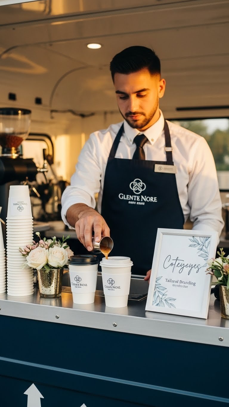 Custom branded mobile coffee bar with elegant event logo cups and sophisticated personalized branding elements