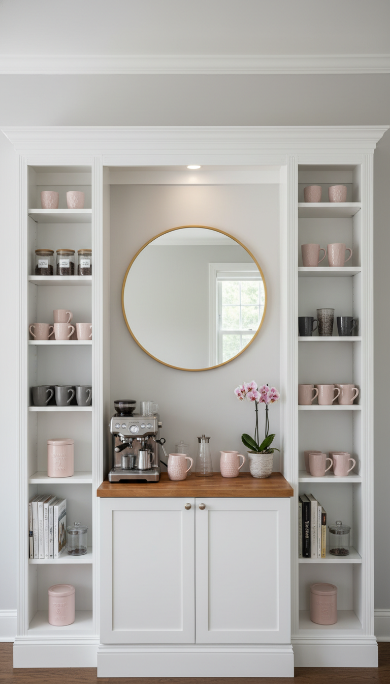 Custom built-in coffee bar created with white bookshelves flanking butcher block countertop with espresso machine