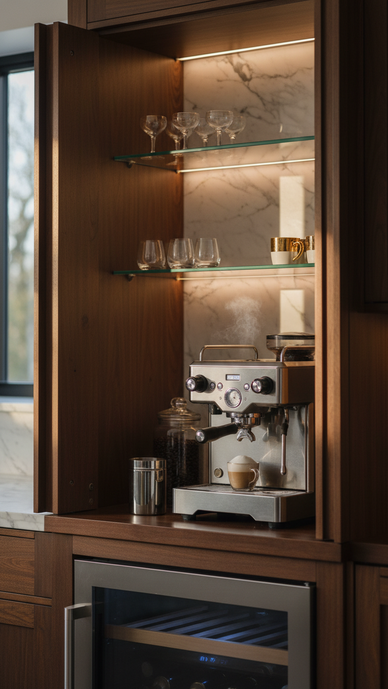 Custom built-in coffee bar with dark wood cabinetry, marble backsplash, and integrated espresso machine