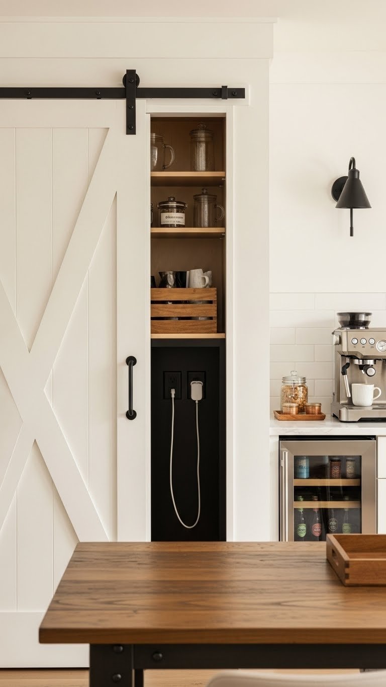 Custom built-in coffee bar with sliding barn door revealing storage solutions and integrated power outlets