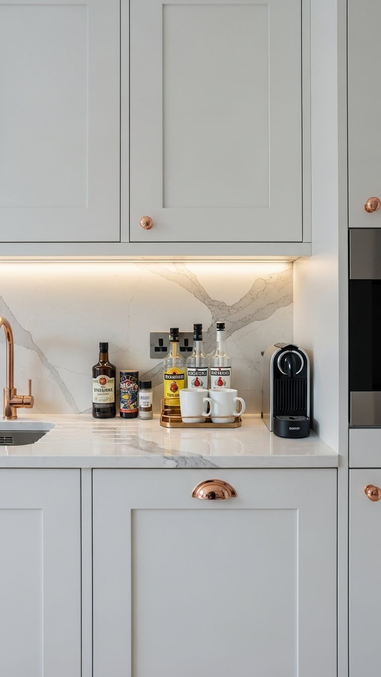 Custom built-in coffee station with bespoke cabinetry, marble countertop, and integrated lighting in luxurious kitchen
