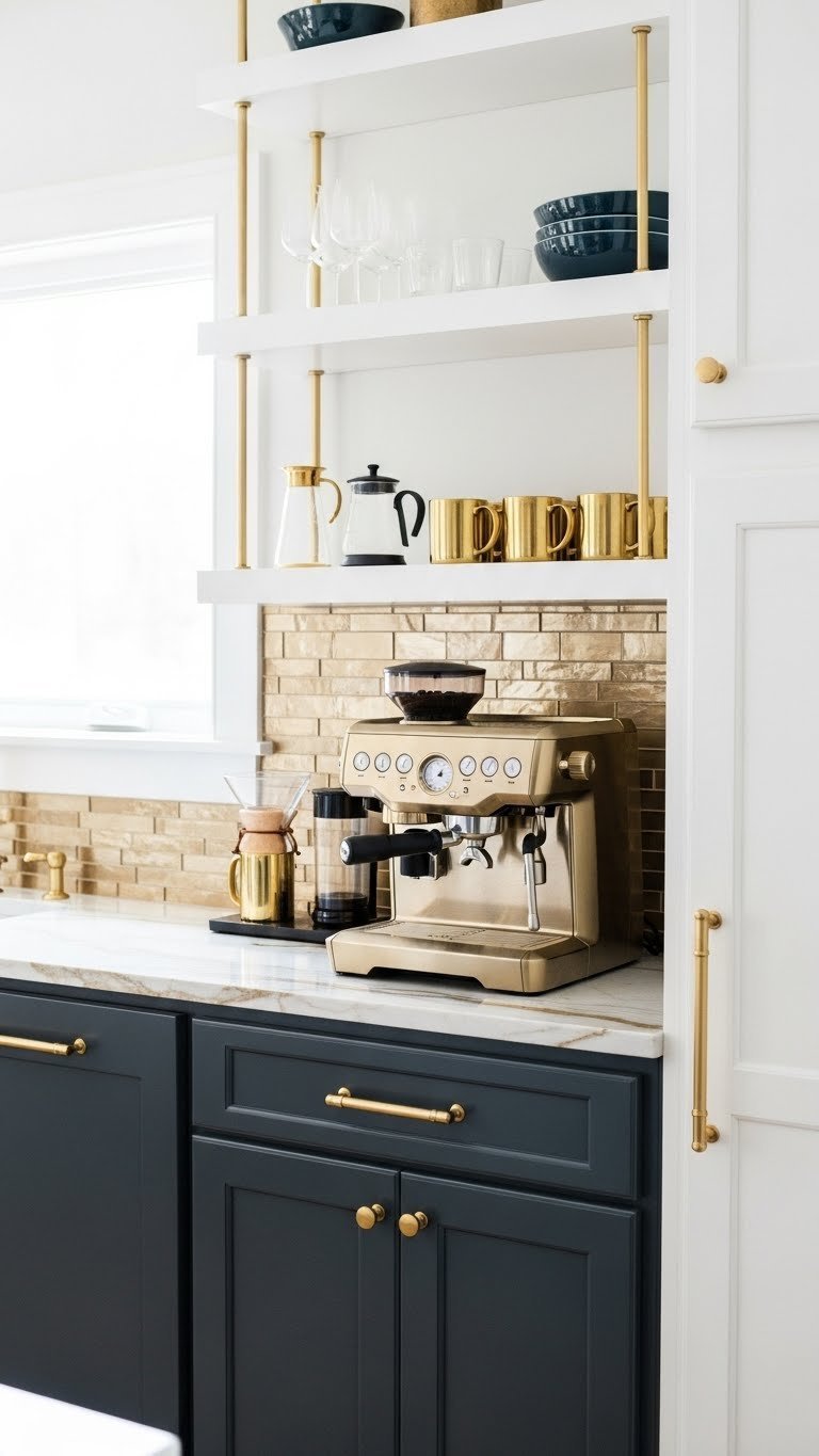 Custom built-in gold coffee bar with marble countertop, gold espresso machine, and navy cabinetry in bright kitchen setting