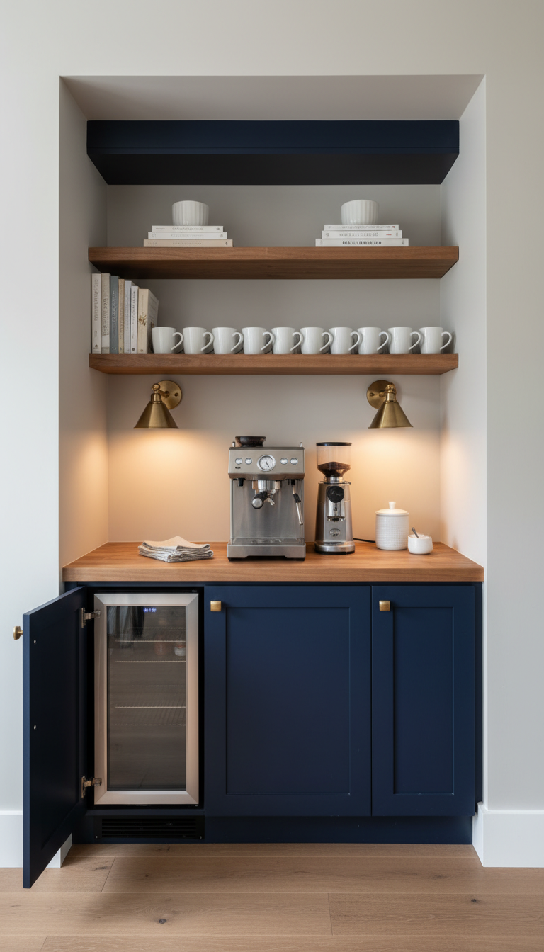 Custom built-in navy blue coffee bar unit with butcher block countertop, espresso machine, and brass sconce lighting.