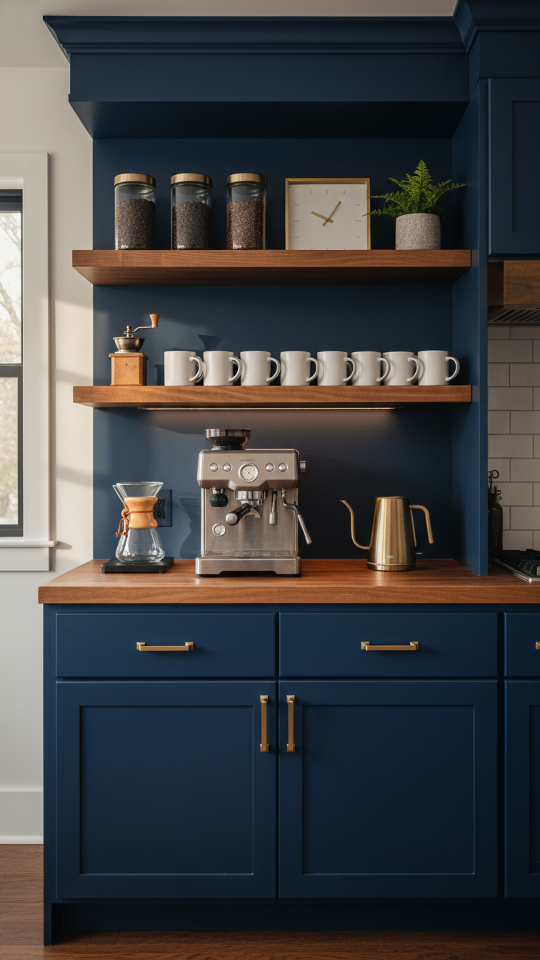 Custom-built navy blue coffee bar hutch with butcher block countertop and integrated shelving