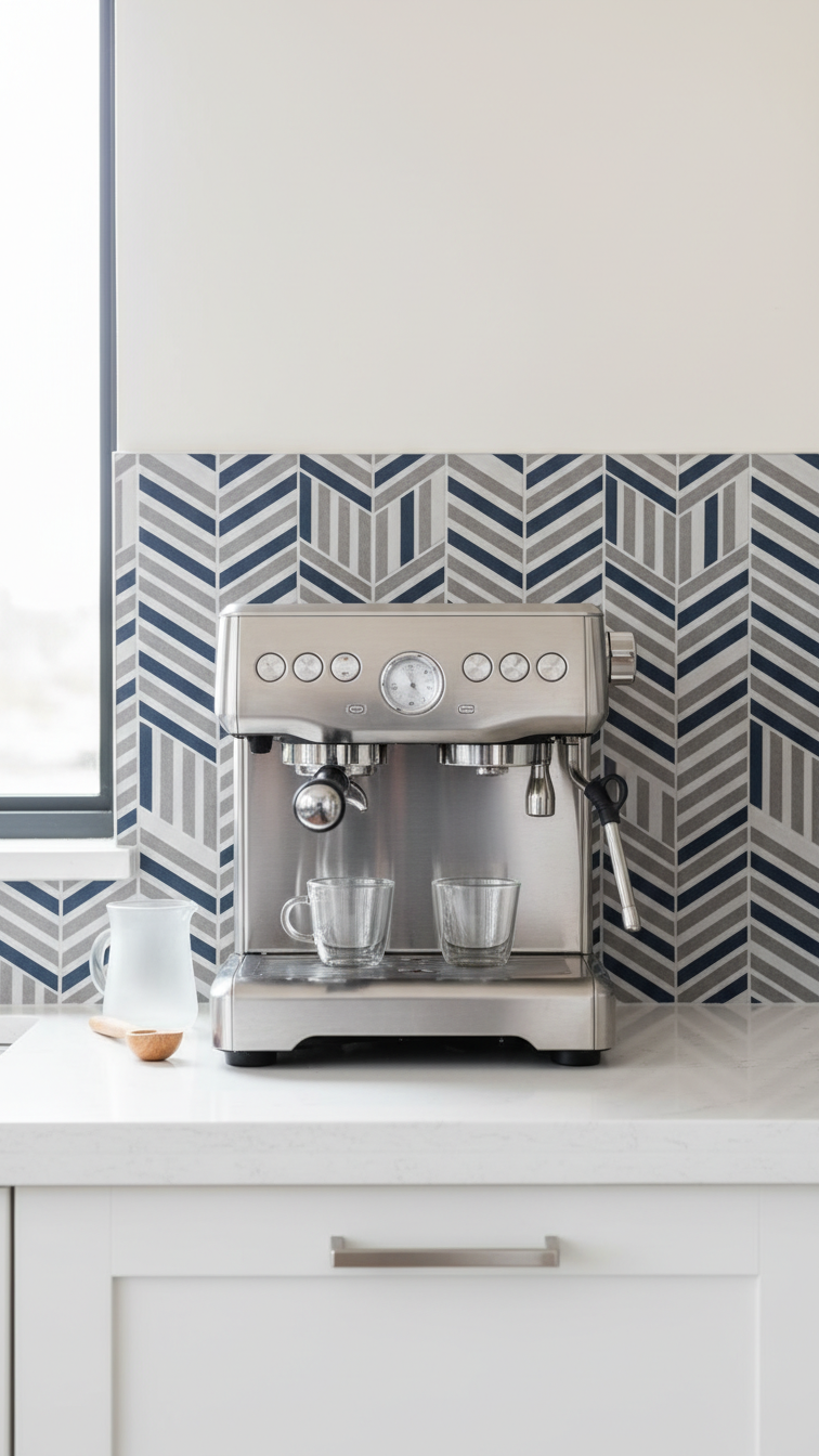Custom coffee bar with geometric peel-and-stick tile backsplash behind silver espresso machine