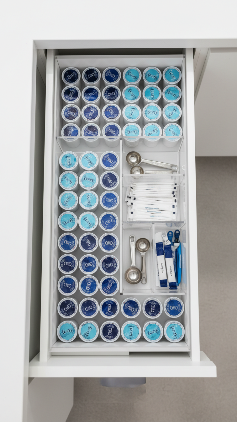 Custom corner drawer organization system with dividers neatly arranging K-cup pods in white cabinetry