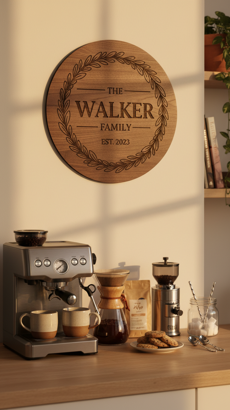 Custom engraved wooden family sign with coffee wreath design on cream-colored wall