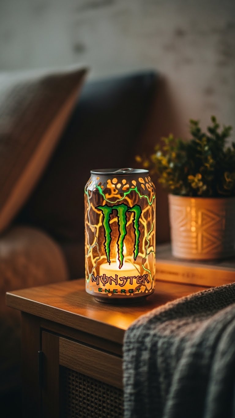 Custom painted Monster Energy can lamp glowing with warm LED light on rustic wooden bedside table in cozy setting.