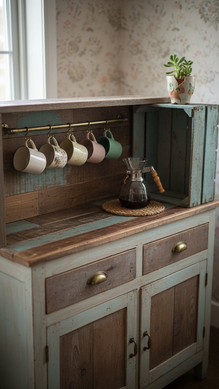 DIY L-shaped coffee bar crafted from repurposed furniture with vintage mugs and distressed wood surfaces