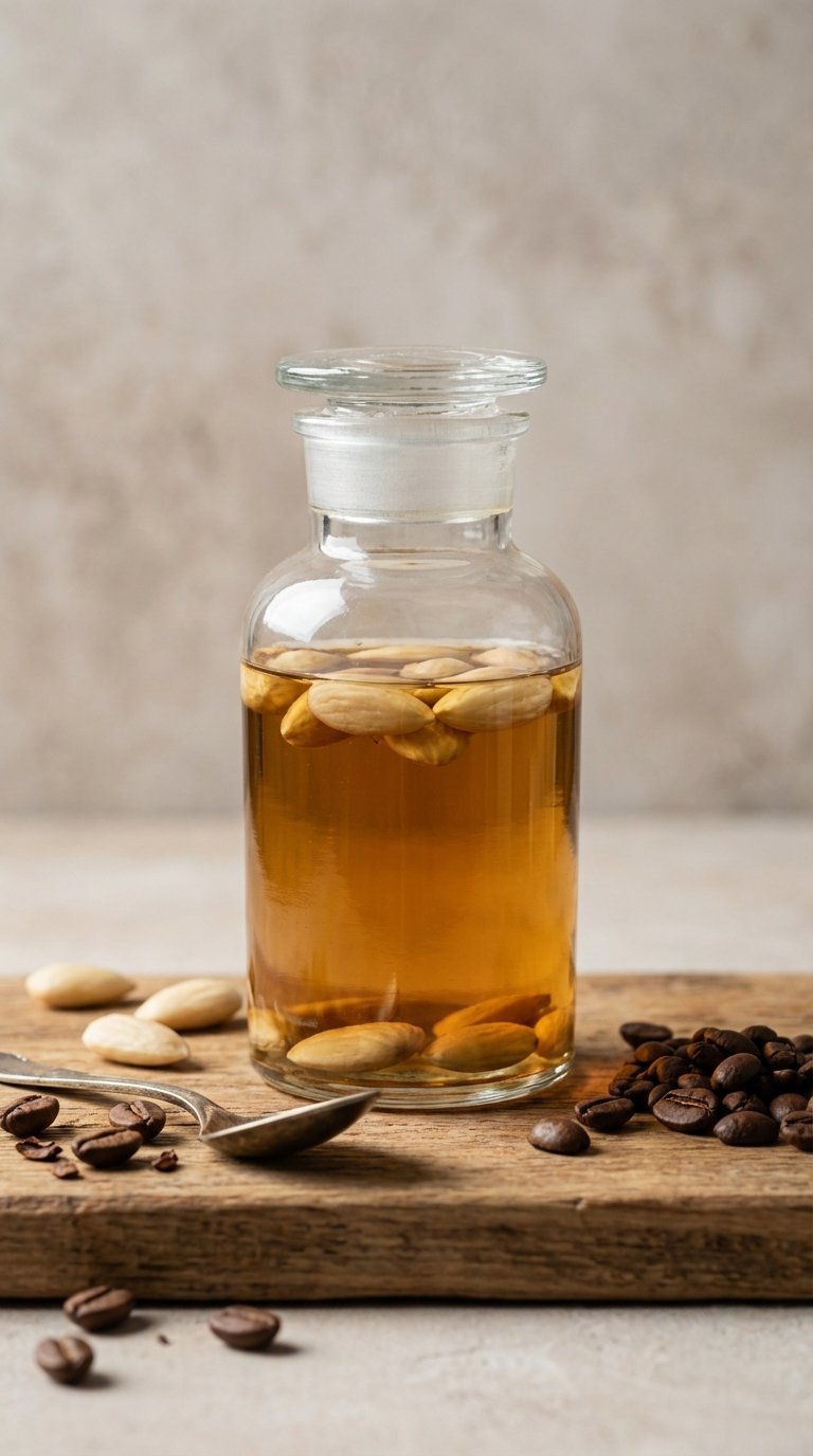 DIY almond extract infusion in apothecary bottle with blanched almonds on wooden board with antique spoon.
