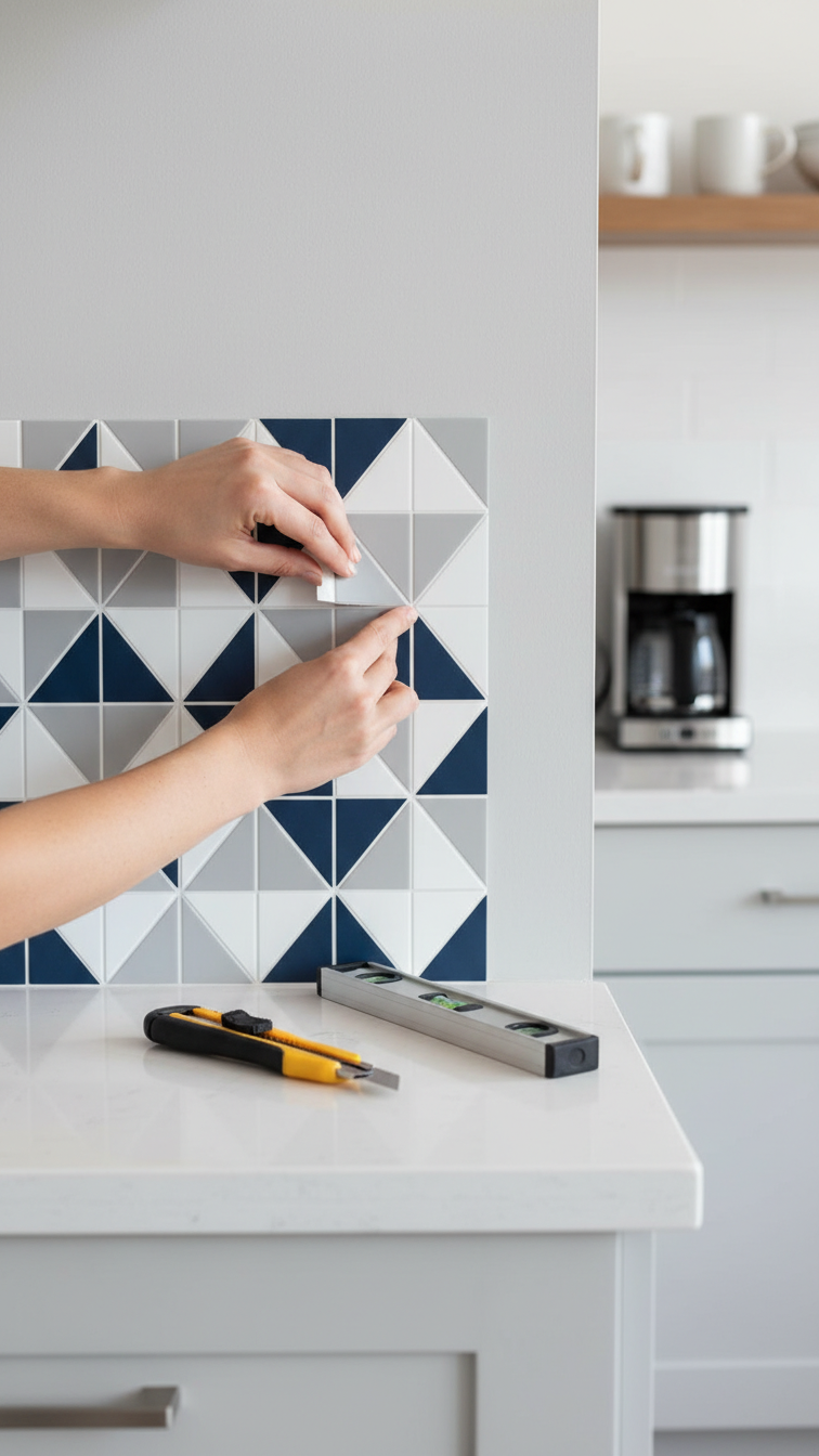 DIY application of patterned peel and stick backsplash on renter-friendly coffee station with quartz countertops