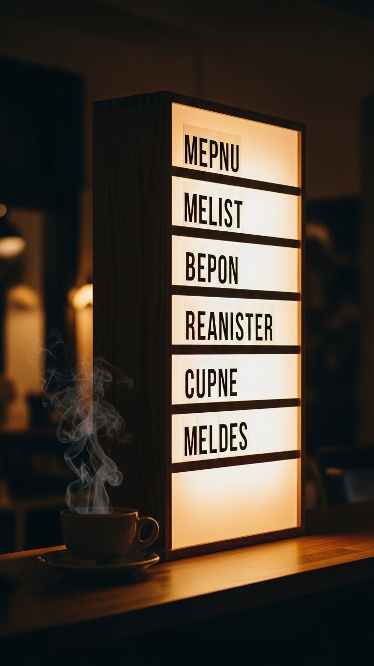 DIY backlit menu box with warm glow, dark wood frame, and translucent acrylic sheet in moody dimly lit cafe atmosphere
