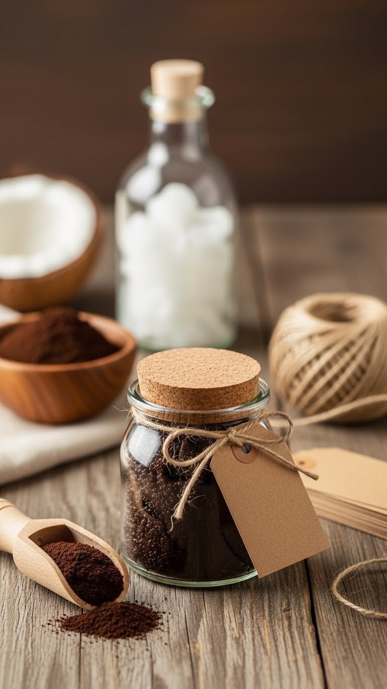 DIY coffee scrub favor station with glass jar filled with dark coffee scrub and cork lid