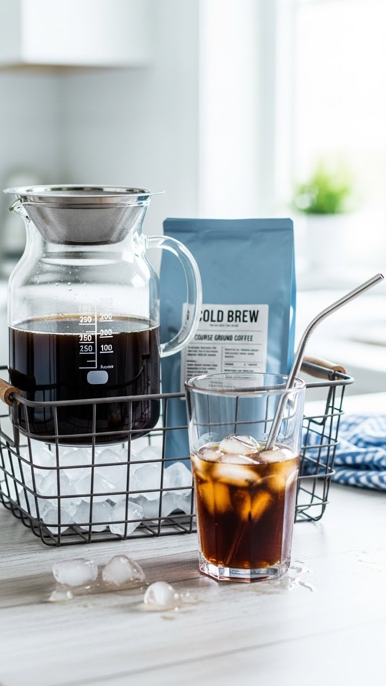 DIY cold brew coffee gift basket with glass maker, coarse ground coffee, and ice-filled serving glass