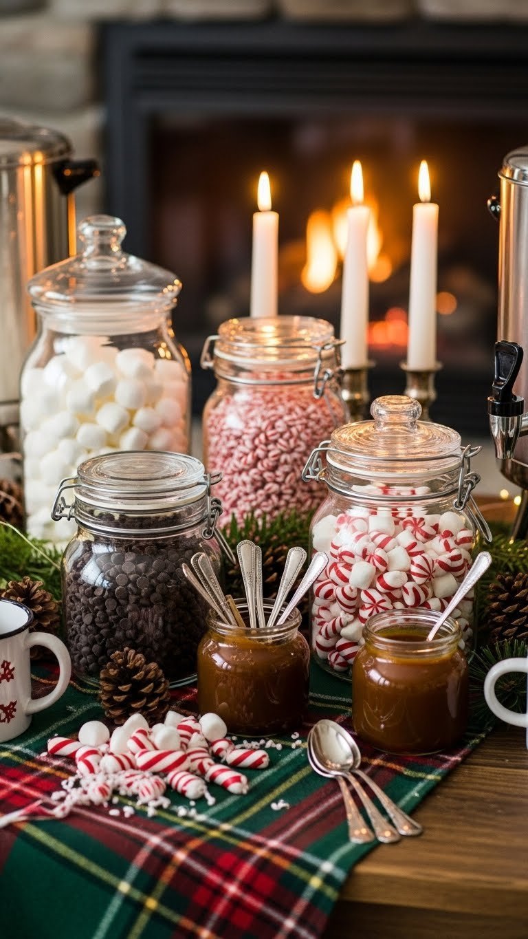 DIY hot chocolate and coffee bar with marshmallows and toppings at cozy winter wedding