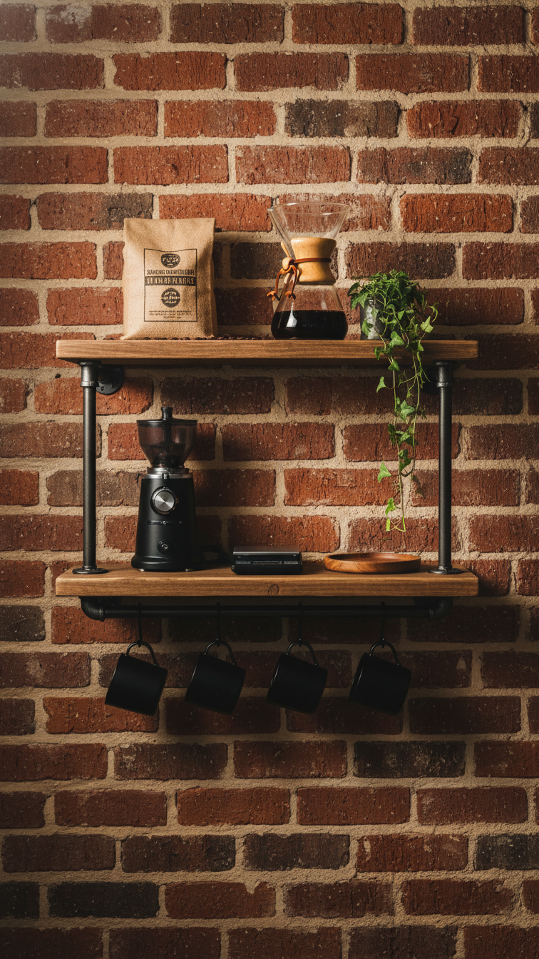 DIY industrial coffee bar with metal pipes, rustic wood shelves, and Chemex brewer against exposed red brick wall