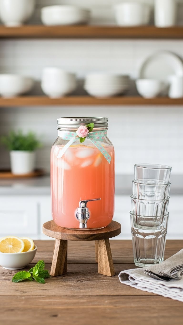 DIY mason jar drink dispenser with pink lemonade and pastel ribbon decoration for Easter coffee bar