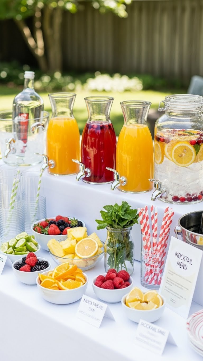 DIY mocktail bar setup with colorful juice dispensers, fresh fruit garnishes, and clear glasses for easy self-service