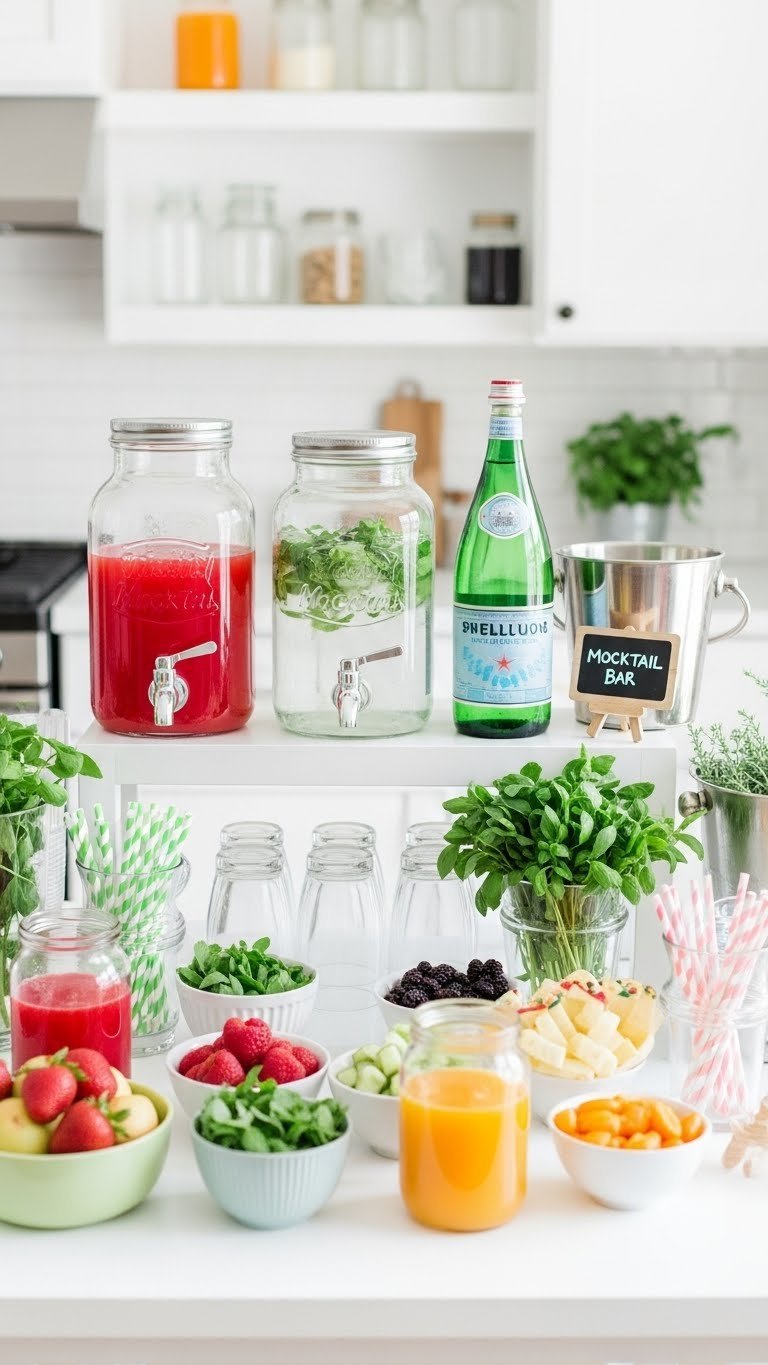 DIY mocktail bar station with colorful juices, sparkling waters, and fresh fruit garnishes arranged on white table