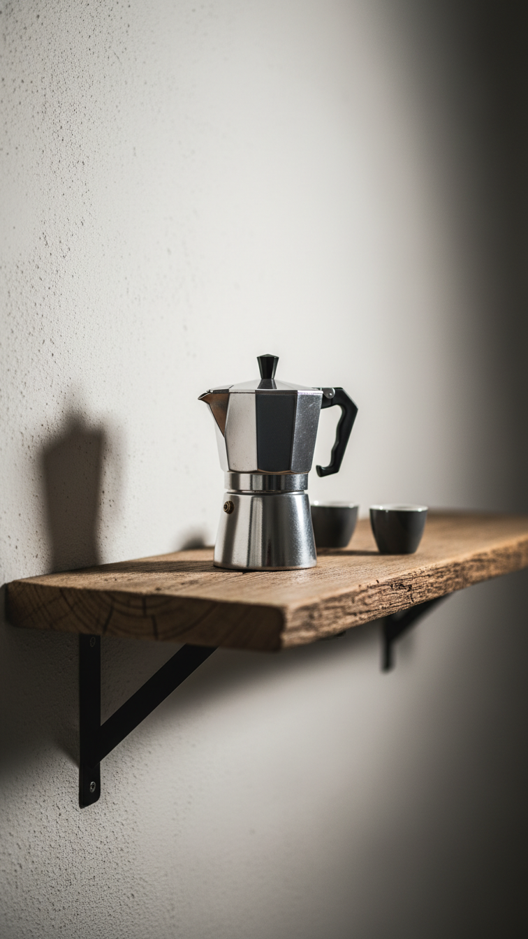 DIY reclaimed wood wall bar with manual coffee grinder, silver moka pot, and dark gray espresso cups on rustic plank.
