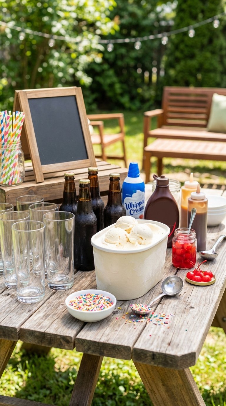 Ultimate BBQ Drink Ideas: 9 Proven Non-Alcoholic Recipes 17 DIY root beer float station with glasses, ice cream, and toppings on picnic table