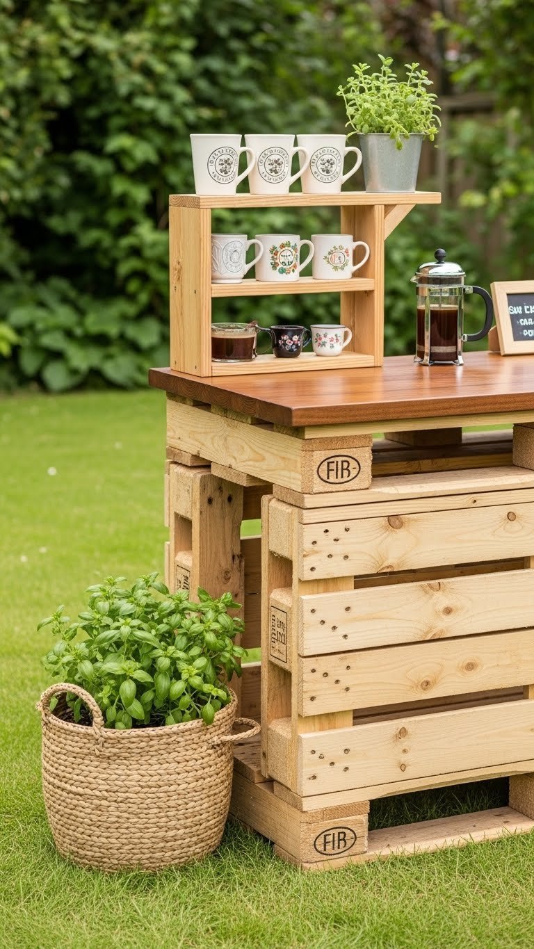 DIY rustic pallet coffee bar with stained countertop, mug shelves, coffee accessories, and herb plant on grassy lawn