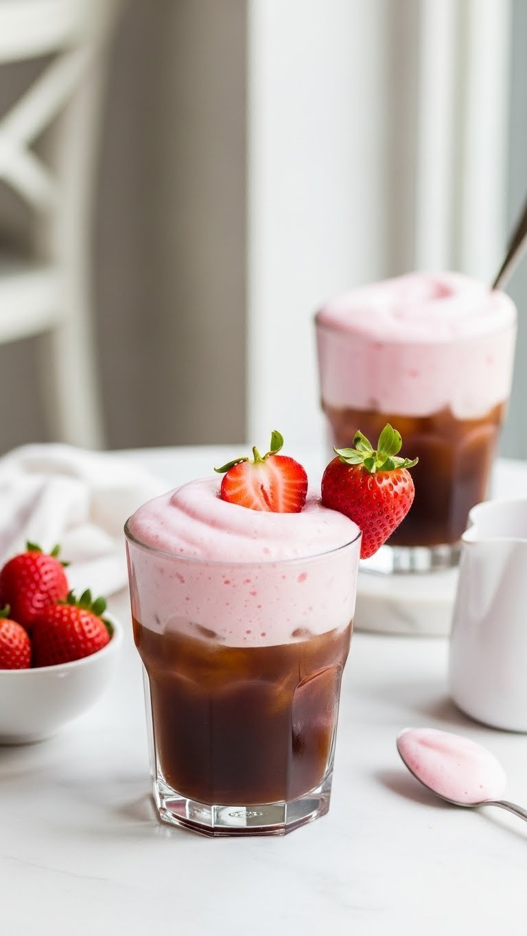 DIY strawberry cold foam topping on iced coffee with fresh strawberry garnish on white table