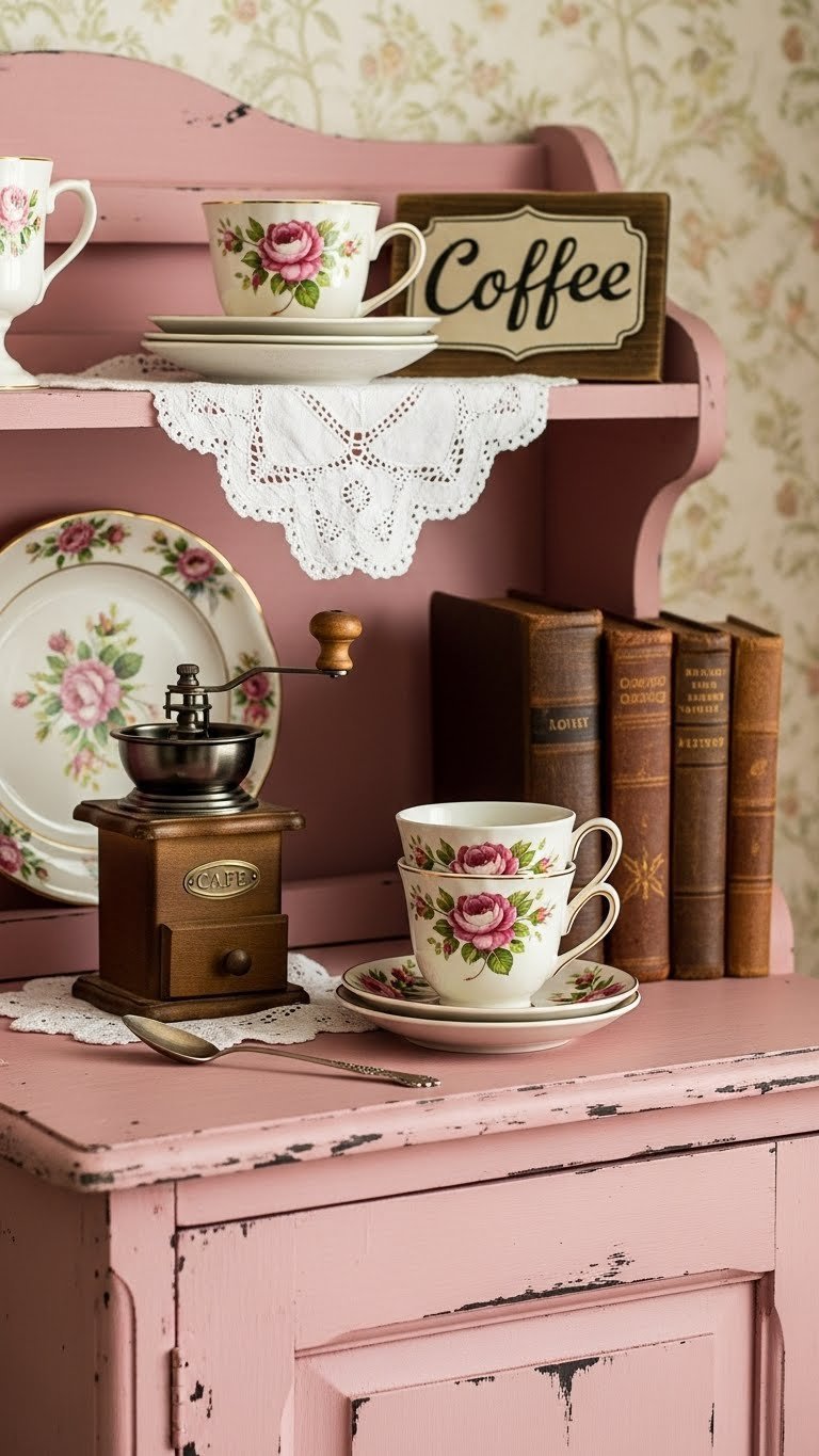 DIY vintage rose pink coffee station with distressed cabinet and antique floral coffee cups