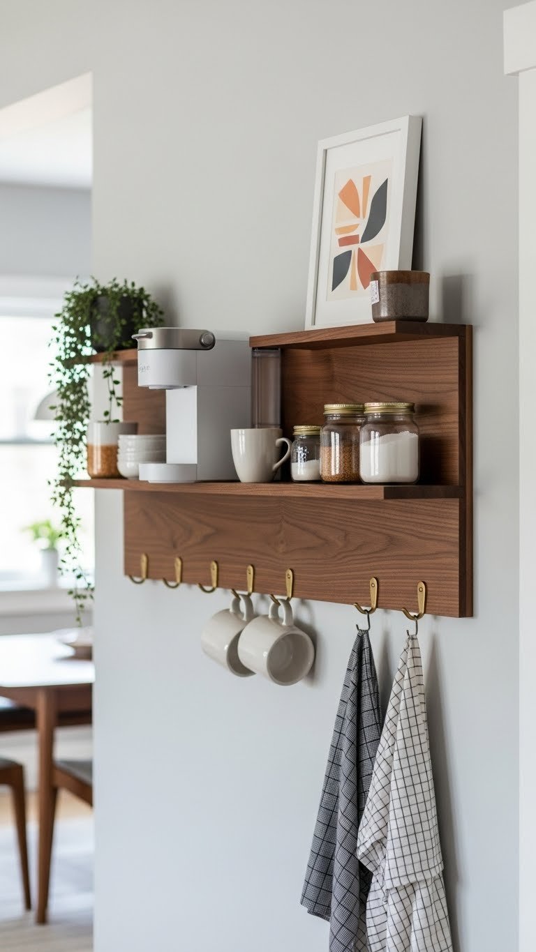 DIY wall-mounted walnut coffee bar with retro single-serve coffee maker and hanging ceramic mugs