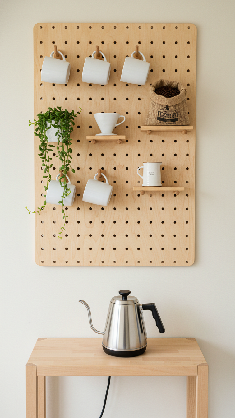 DIY wooden pegboard coffee station with hooks, shelves, and pour-over dripper on light wood console table