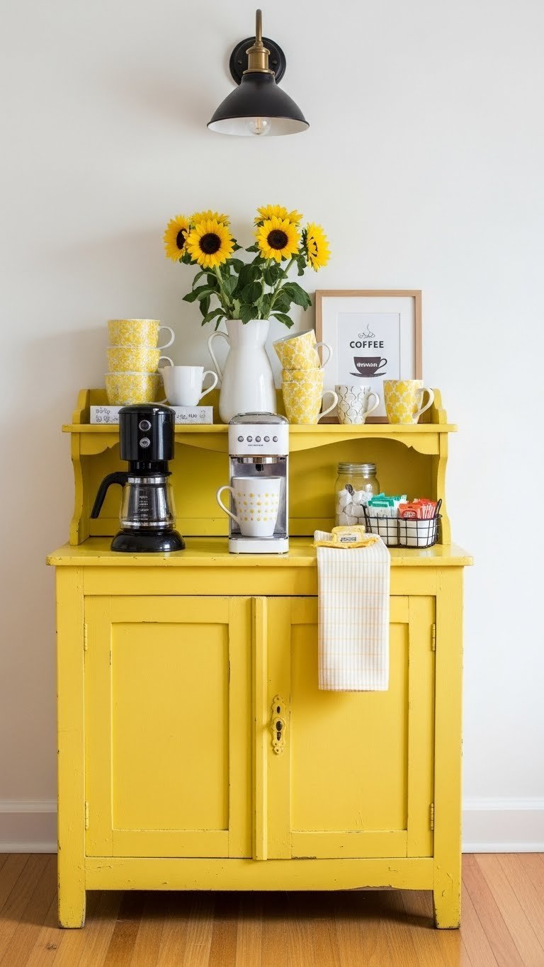 DIY yellow painted cabinet coffee nook with vintage-style coffee maker and patterned mugs