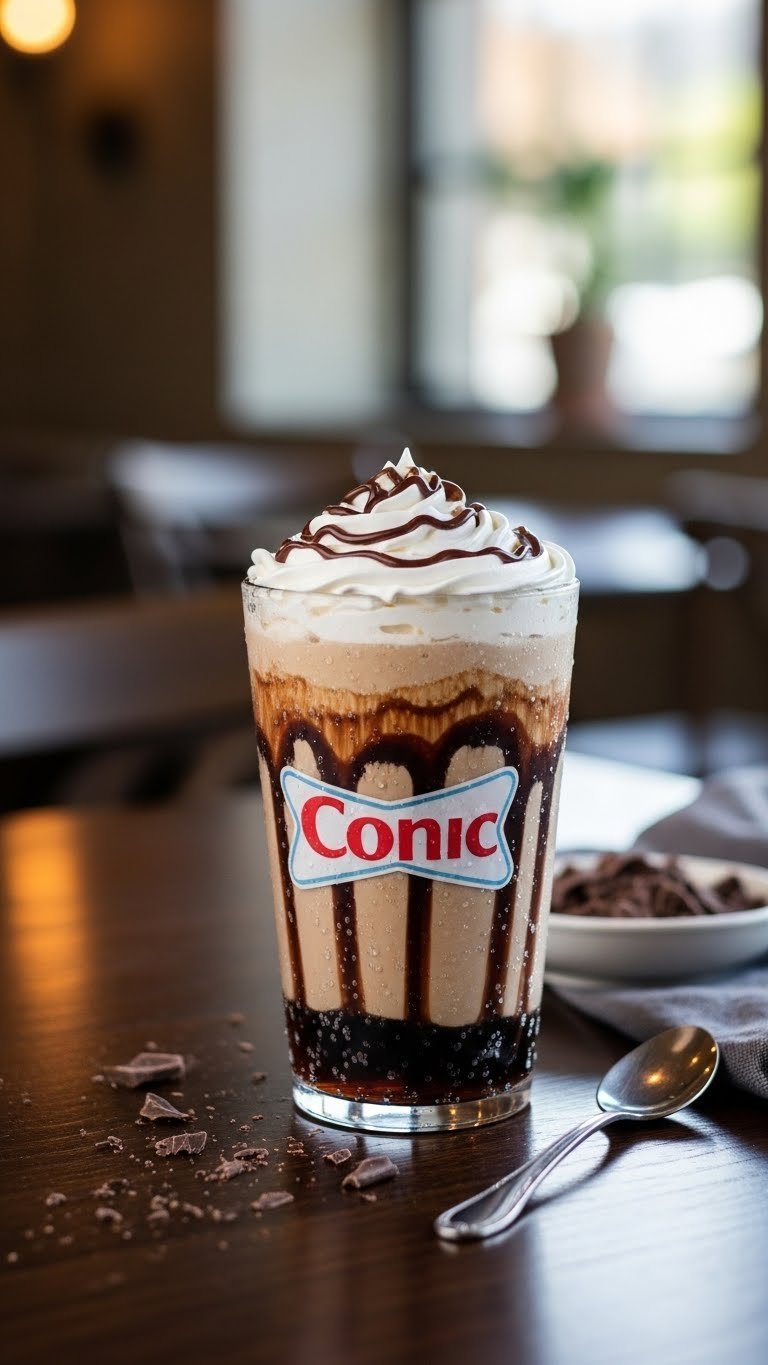 Dark Coca-Cola Sonic drink swirled with chocolate syrup and topped with sweet cream layer