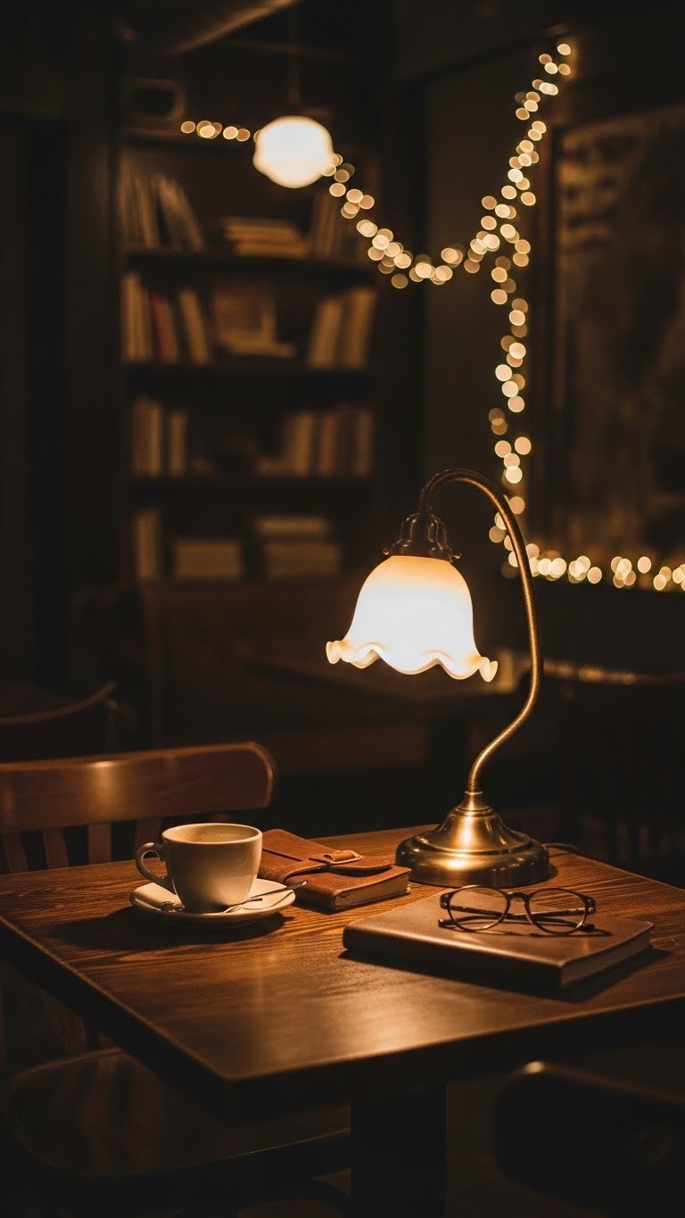 Dark academia 90s coffee shop corner with vintage table lamp on wooden table and warm ambient lighting with bookshelf backdrop