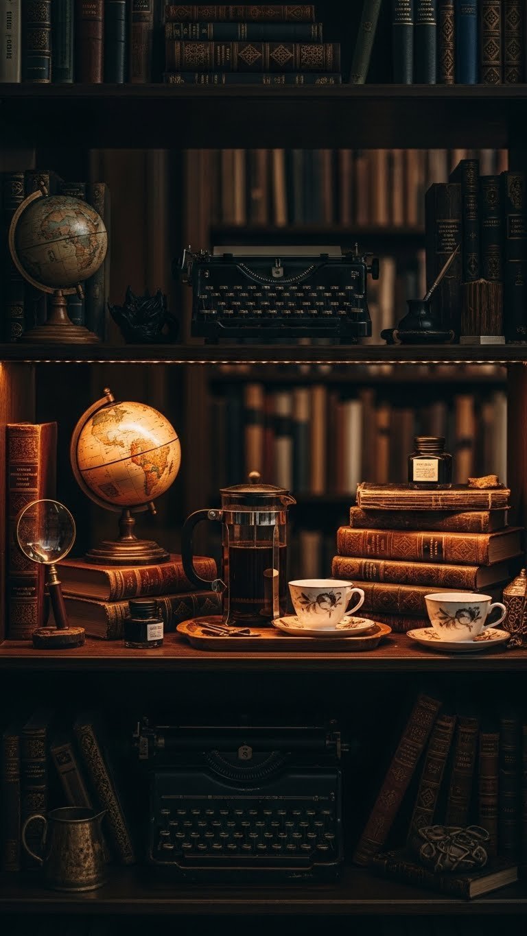 Dark academia library coffee station with leather-bound books, antique globe, and coffee press in moody Victorian aesthetic