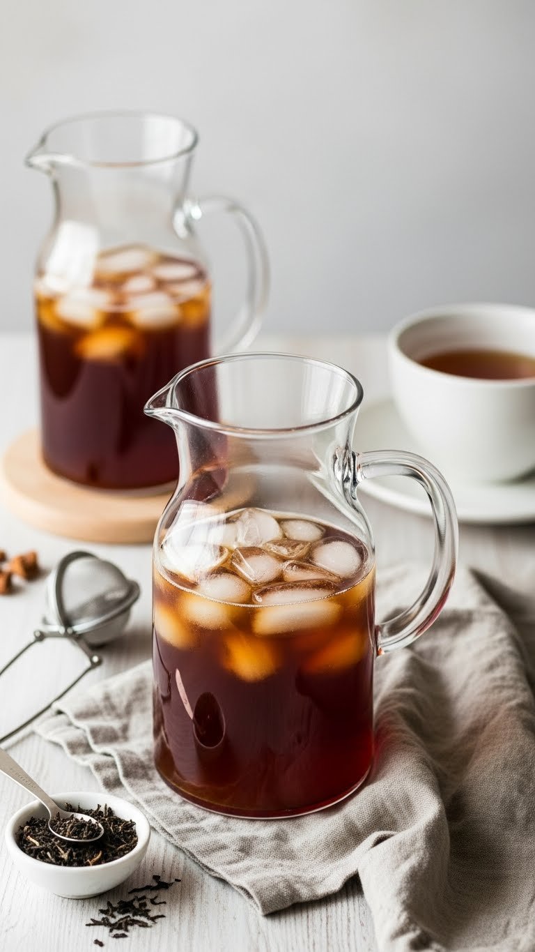 Dark amber cold brew iced tea in clear carafe with ice cubes and tea infuser on light wooden table