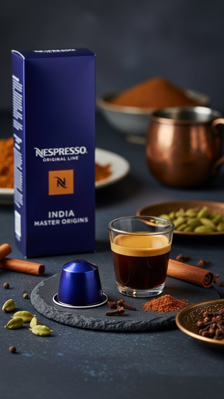Dark blue Nespresso Original Line India capsule with intense espresso surrounded by spices