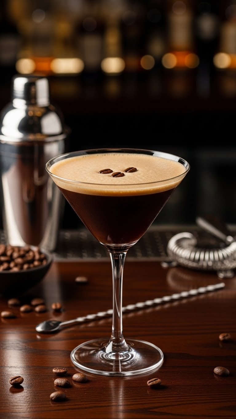 Dark chocolate espresso martini hot chocolate served in martini glass with coffee beans on polished bar top